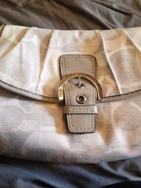Coach Light Gray Signature Canvas Shoulder Bag with Gold Buckle